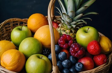 Fresh and organic fruits in a wicker basket on a black background. Healthy eating concept.