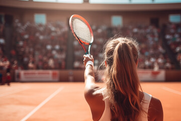 A female professional tennis player seen from behind greeting the crowd after winning a major clay court tennis tournament - obrazy, fototapety, plakaty