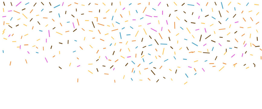 Border with colorful sprinkles. Glaze for donut, ice cream or muffins with rainbow, brown, yellow, blue and pink falling decorative candies. Vector Illustration for holiday designs.