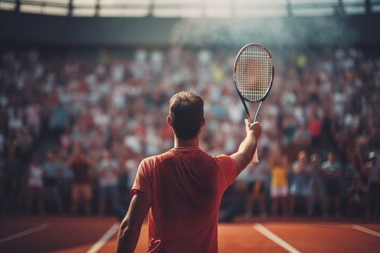 A male professional tennis player seen from behind greeting the crowd after winning a major clay court tennis tournament - Powered by Adobe