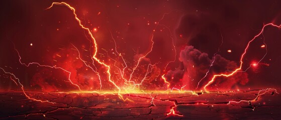 Realistic modern illustration of cracked molten volcanic terrain with intense energy burns, floating flares and smoke, and a red glow. - obrazy, fototapety, plakaty
