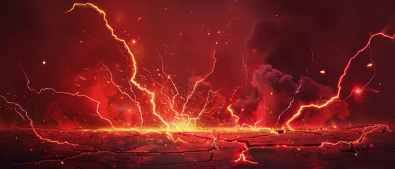 Foto auf Alu-Dibond Realistic modern illustration of cracked molten volcanic terrain with intense energy burns, floating flares and smoke, and a red glow. © Mark