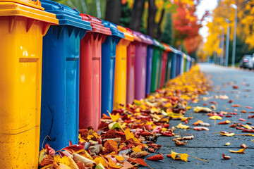 Colorful Trash Cans Lining Roadside - obrazy, fototapety, plakaty