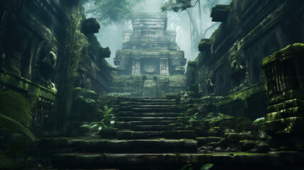 An ancient temple hidden in a misty jungle