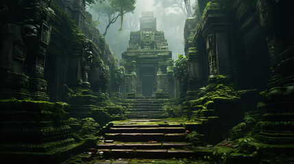 An ancient temple hidden in a misty jungle with ancien