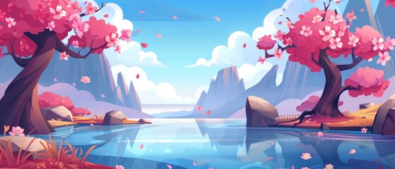 Cartoon landscape with pink flowering trees at the foot of high rocky mountains under a blue sky with clouds. Modern image of cherry blossoms near a pond.