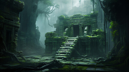 An ancient temple hidden in a misty jungle with vines