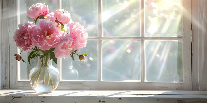 Sunlit peonies in vase on windowsill against white backdrop product display. Concept Product Photography, Floral Arrangement, Indoor Setting, Natural Light, Home Decor