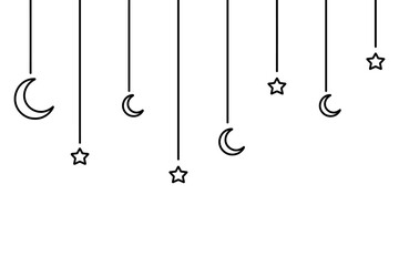 Crescent and star. Hanging decoration for Ramadan. Sketch. Festive curtains on threads of different lengths. Vector illustration. Outline on isolated background. Doodle style. Coloring book.