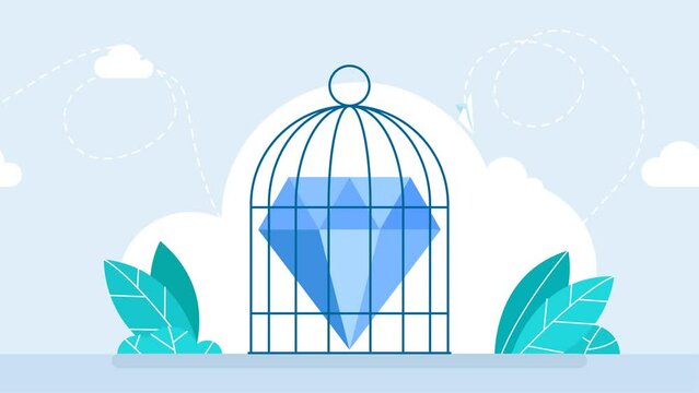 Diamond in birdcage. Financial freedom. Diamond is imprisoned in birdcage. Restrictions, sanctions, bans. Jewelry protection. Creative energy. Imagination, brilliant idea, insight, dream. 2d animation