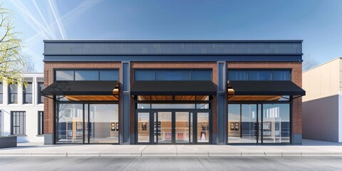 Modern commercial property with potential to rent or purchase in a diverse storefront and office complex with a canopy. - obrazy, fototapety, plakaty