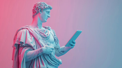 Roman emperor statue studies tablet amidst a soft pink and blue hue, blending antiquity with digital age aesthetics. Marble, close up portrait, classical style, copy space