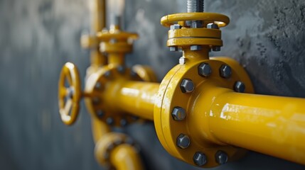 Yellow gas pipe with valve on grey background with copy space. Gas transportation system. Repair concept - obrazy, fototapety, plakaty