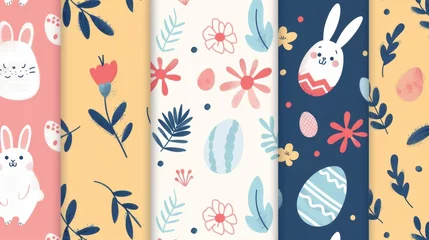 Fotobehang This seamless pattern features easter eggs, rabbits, paws, flowers, spring season repeated in prints, wallpaper, covers, packaging, kids, ads and more. © Mark