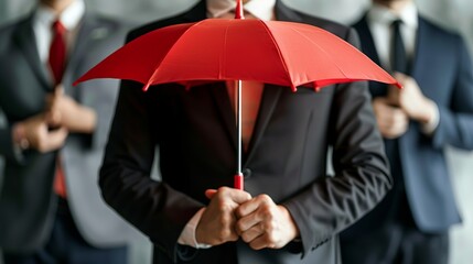 A boss is depicted holding a red umbrella, symbolizing protection for his team. This image represents concepts such as life insurance, customer care, employee care, security, and safety.