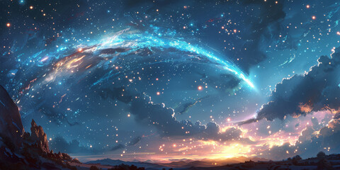 A bright blue comet in night sky,space - obrazy, fototapety, plakaty