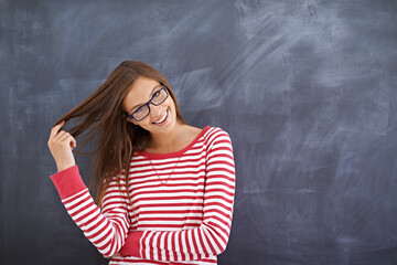 Woman, teacher and confident in portrait by blackboard, education and proud of school curriculum. Female person, idea and professional in classroom, knowledge and planning for lesson in university