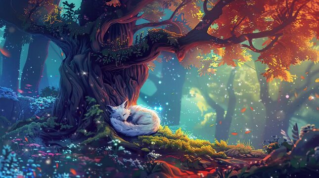 Cute fluffy white wolf peacefully asleep in the magical jungle under the fantasy tree
 Seamless looping 4k time-lapse virtual video animation background. Generated AI