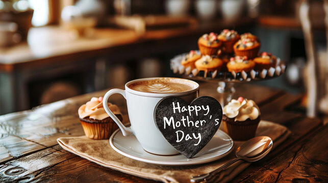 Happy Mother’s Day" written in a heart-shaped blackboard placed in a cup of coffee, with some muffins in the background in a set table for breakfas