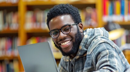 Fototapeta premium A cheerful college student studying in a library.