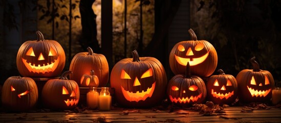 A stack of Halloween pumpkins, known as Jackolanterns, are placed on a wooden table. The vibrant orange winter squash and calabaza create a creative arts display