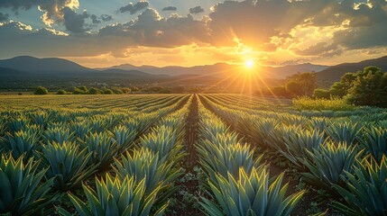 Dusk above Agave plantation for Tequila manufacturing in Mexico. - obrazy, fototapety, plakaty