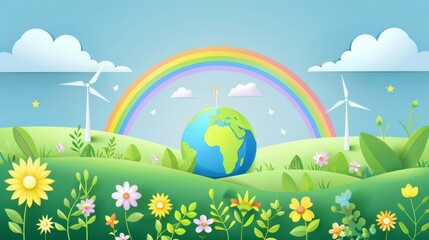 An eco-friendly illustration design for web, banner, campaign, social media posts. World Environment Day concept background modern. Save the earth, globe, rainbow, windmill, flower.
