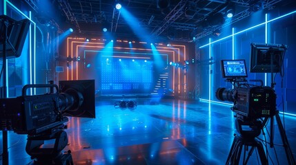 Modern television studio with blue lighting and a large screen