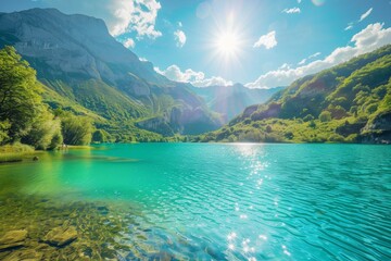 Amazingly beautiful nature landscape of a mountain lake with a turquoise sparkling water surface surrounded by high hills and mountains illuminated by bright summer sun. - obrazy, fototapety, plakaty