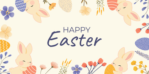 Obraz na płótnie Canvas Happy Easter banner with cute Easter bunny, eggs, spring flowers. Trendy design for background in pastel colors. For poster, business card, invitation, flyer, email header. Modern minimal style