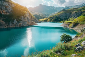 Amazingly beautiful nature landscape of a mountain lake with a turquoise sparkling water surface surrounded by high hills and mountains illuminated by bright summer sun.