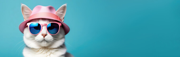 Obraz premium cat in a hat and sunglasses on a blue background