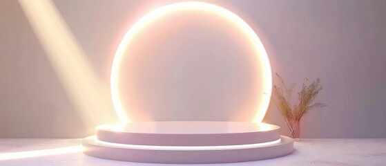 Modern illustration of cylinder shape stage in futuristic design studio, pedestal for product presentation, halo illumination effect on wall.