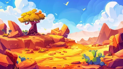 Fototapeten An illustration of a canyon desert landscape with a baobab tree and cacti. Modern illustrating rocky stones, yellow sandy ground with dry cracks, exotic plants, and a cloudy sky. © Mark