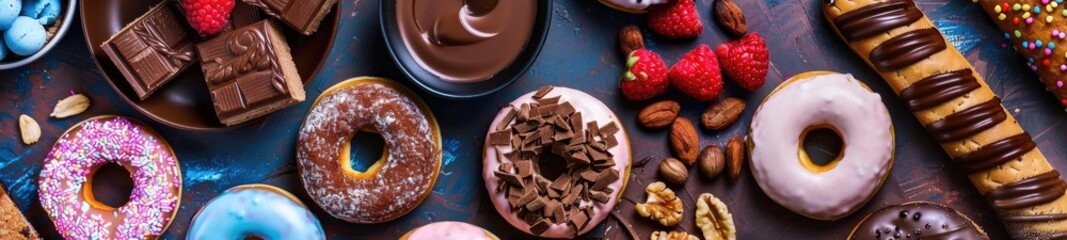 A table with many sweets and snacks - obrazy, fototapety, plakaty