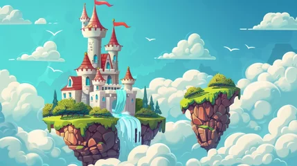 Foto op Plexiglas The king of a fairytale kingdom with a tower high above the clouds on a ground island among clouds. There is a waterfall floating in the sky among clouds. This is a magic cartoon game modern © Mark
