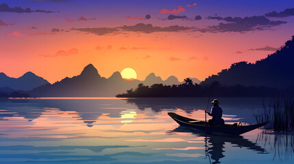 fisherman on the estuary with a raft illustration