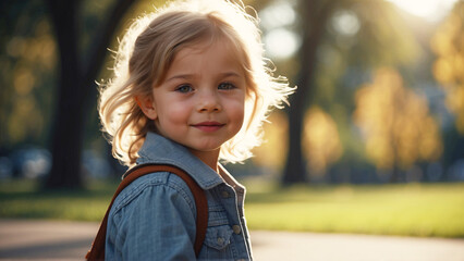 Fototapeta premium A young girl with a denim jacket smiles with a sun-kissed backlight in a park setting
