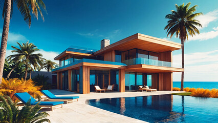 Contemporary beachfront villa with infinity pool under the clear blue skies, depicting luxury and leisure