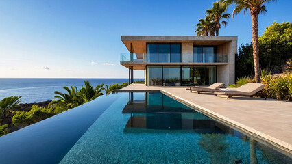 Cliffside luxury villa with reflection pool and vast sea views, symbolizing solitude and peace