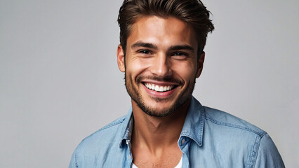 Content, handsome man with perfect teeth smiling warmly wearing a casual denim shirt against a grey background