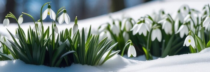 White snowdrop flowers blooming in green meadow and snow melting in spring	
