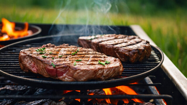 Close-up of succulent steaks sizzling on a flaming grill depicting deliciousness and culinary art