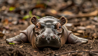Baby hippo lying down on the ground. Generative AI - obrazy, fototapety, plakaty