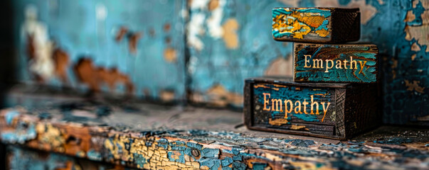 Conceptual image of vintage wooden blocks stacked with the word Empathy on a rustic table against a worn blue wall, depicting the importance of understanding