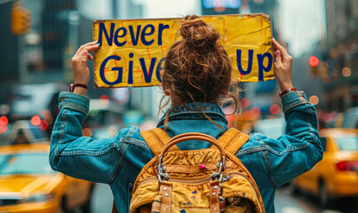 Person holding up a handmade sign with the inspirational slogan Never Give Up written in bold letters, representing determination and resilience in the face of challenges