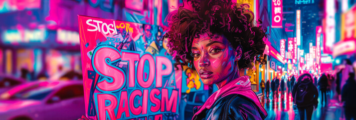 Determined African woman holding a STOP RACISM sign during a peaceful protest, advocating for equality and anti-racism in a diverse urban setting