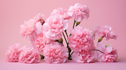 Fototapeta na wymiar Beautiful pink carnation flowers bouquet on pink background