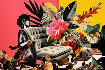 Collage, flowers, bouquet, retro style, postcard, furniture, sofa, armchair,