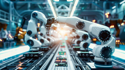 Modern Factory Automation with Robotic Arms, Industrial Manufacturing Process, Engineering and High-Tech Machinery